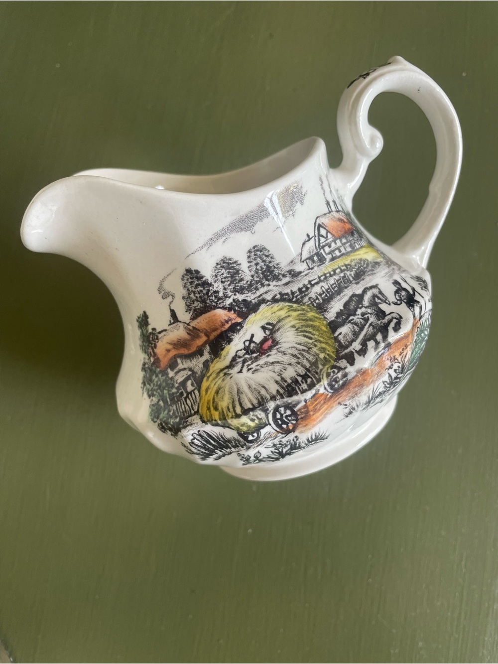 Vintage-Style White Ceramic Creamer Pitcher with Pastoral Transfer Print